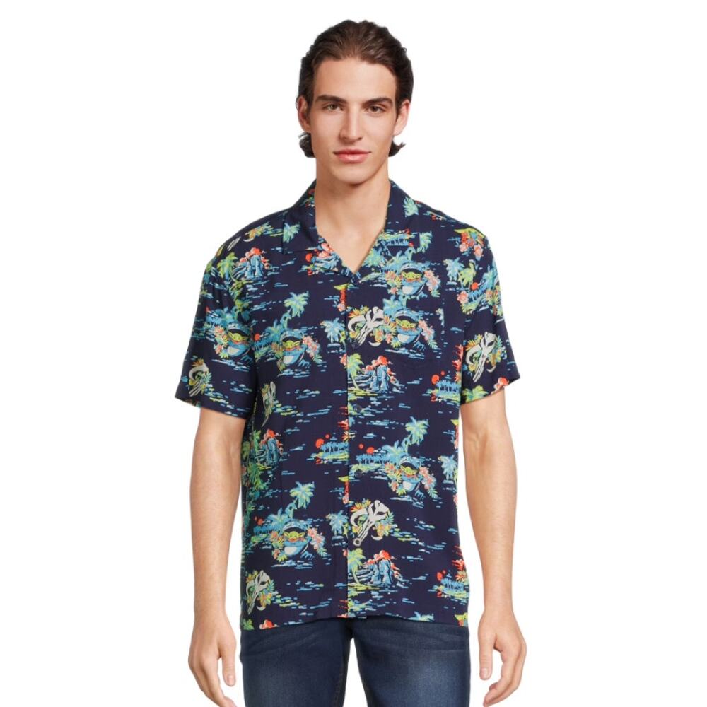Star Wars Men’s Tropical Hawaiian Baby Yoda Button Front Shirt Size Large Blue